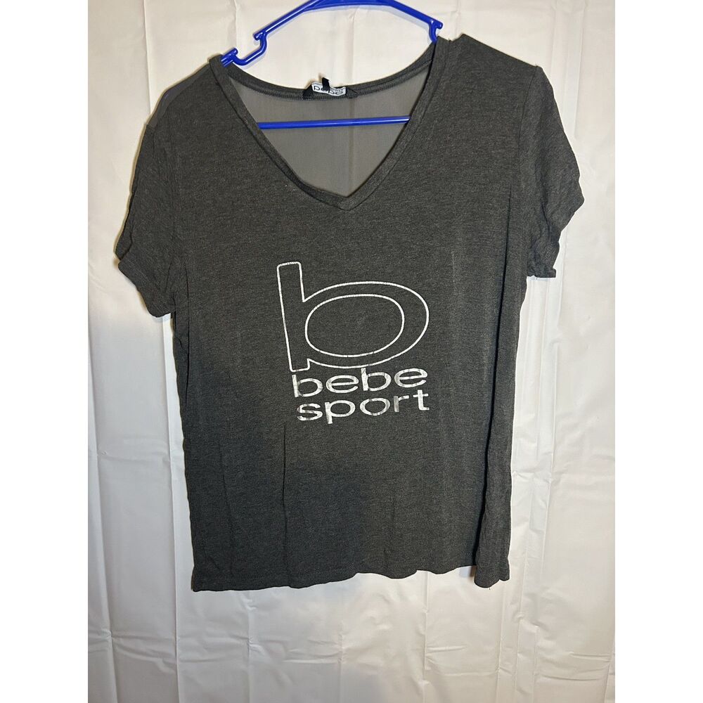 Bebe Sport Gray V-Neck T-Shirt M Medium Mesh Back Silver Foil Logo Athleisure